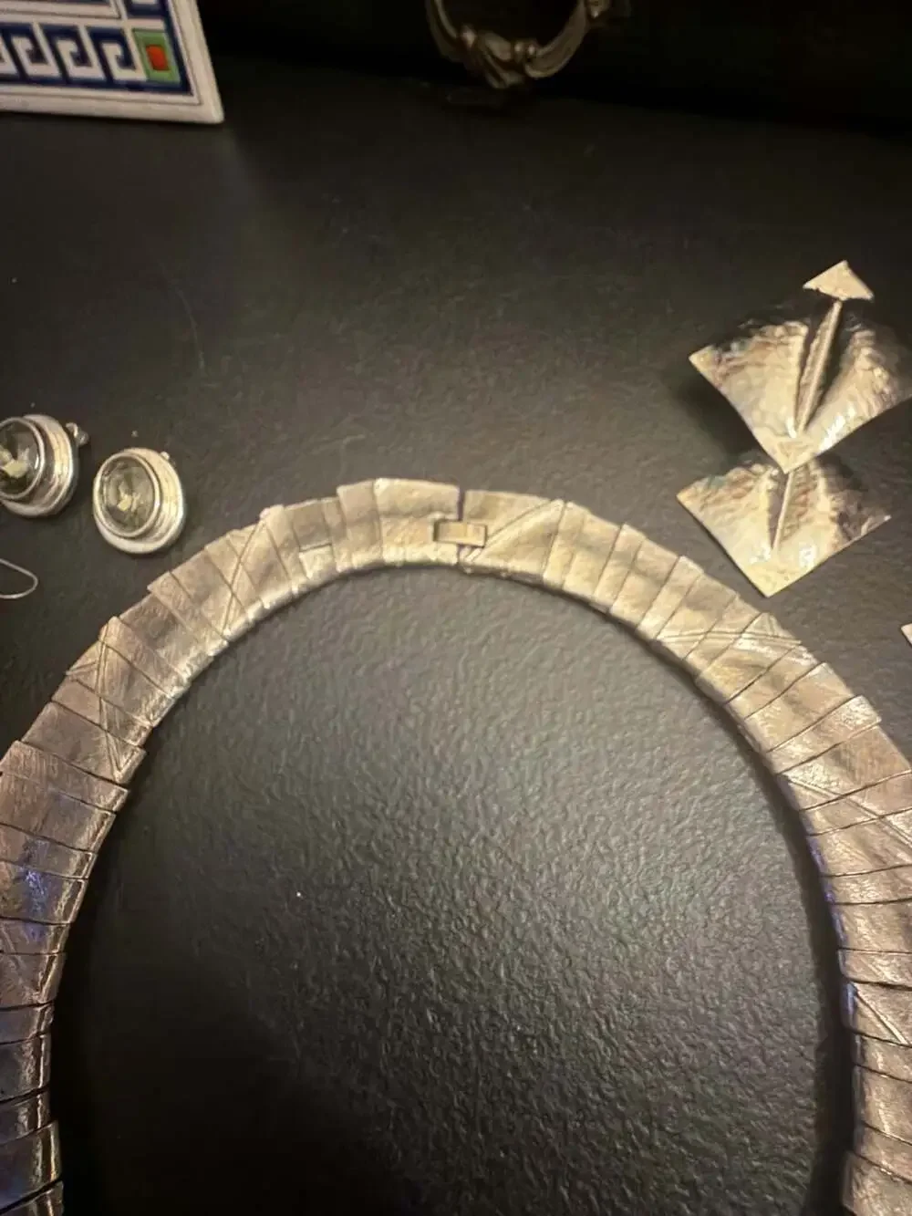 Vintage Brutalist Silver-Tone Paneled Collar Necklace and Assorted Earring Lot